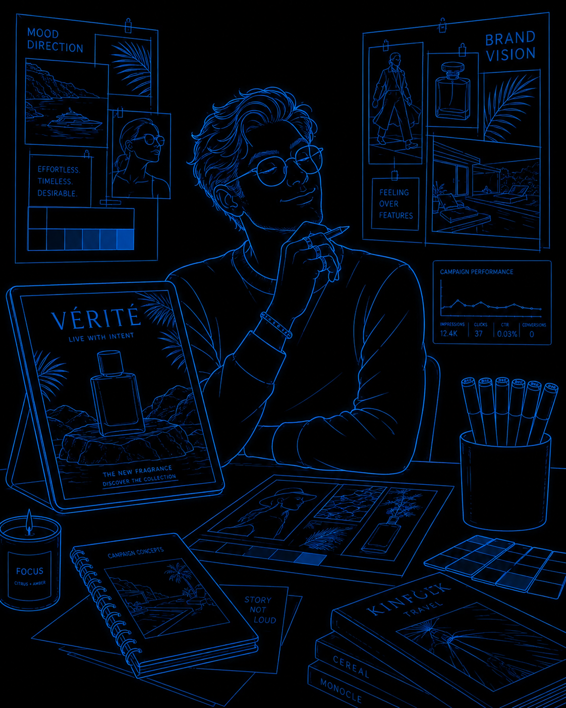 The Artist — a stylish creative admiring polished brand work, surrounded by mood boards and a campaign showing beautiful design but zero conversions
