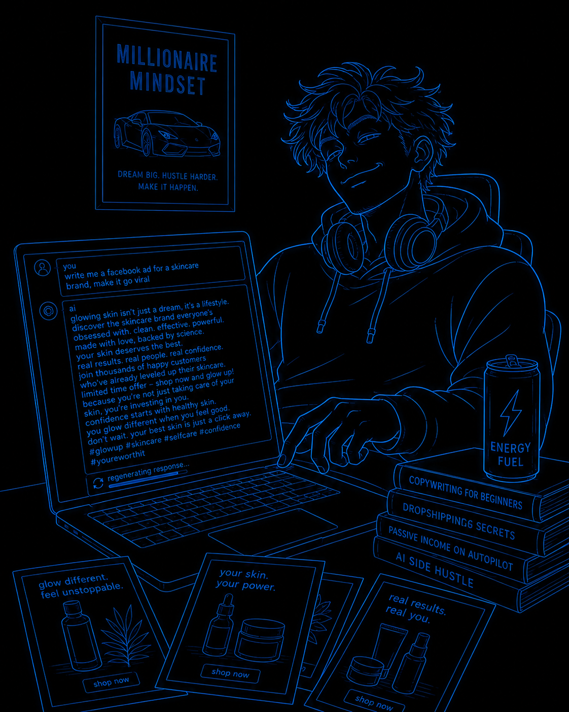 The Noob — a young creative overwhelmed at his desk, buried under a flood of near-identical mass-produced ad mockups