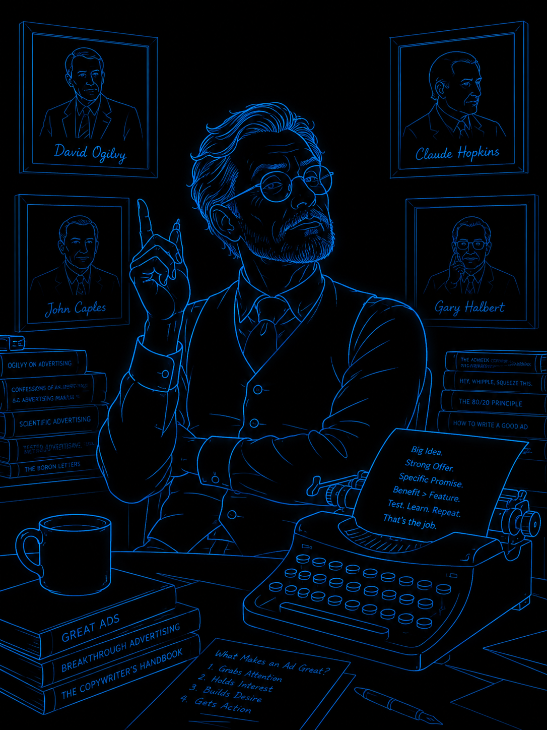 The Vet — an older, distinguished copywriter surrounded by framed portraits of advertising legends, stacks of classic copy books, and a typewriter
